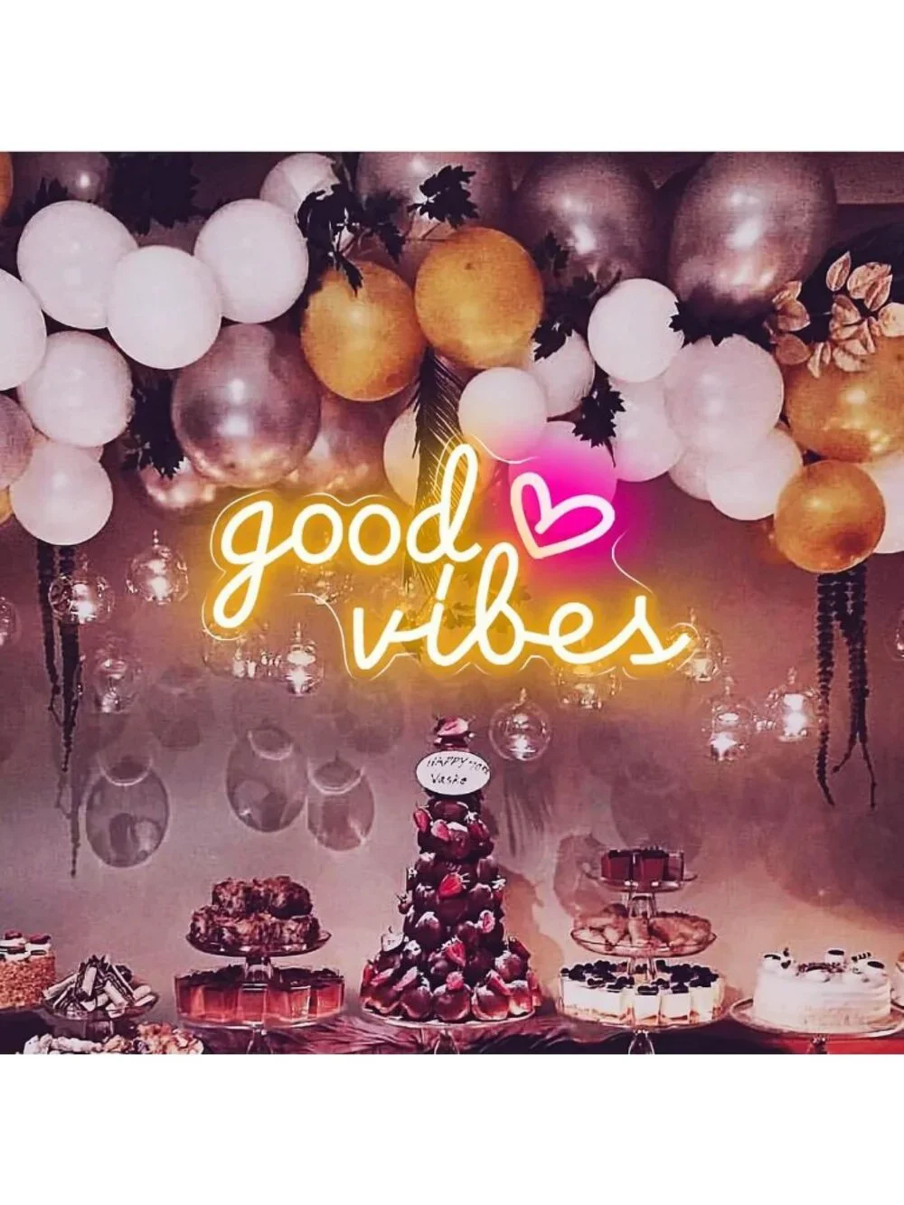 Good Vibes Neon Wall Sign - 16x8in USB LED Light for Bedroom, Party, Home Decor